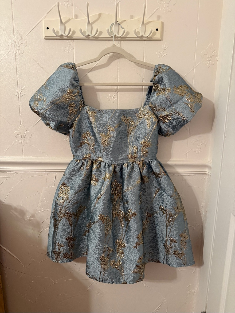 She + Sky Puff Sleeve Blue Mini Dress with Gold Shimmer Floral Brocade